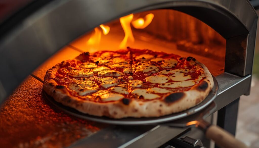 Neapolitan pizza baking inside a modern home pizza oven with melting cheese and a charred crust