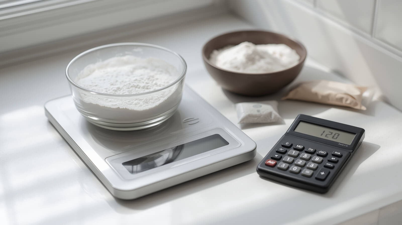 A digital kitchen scale used as a pizza dough calculator for dough ingredients.