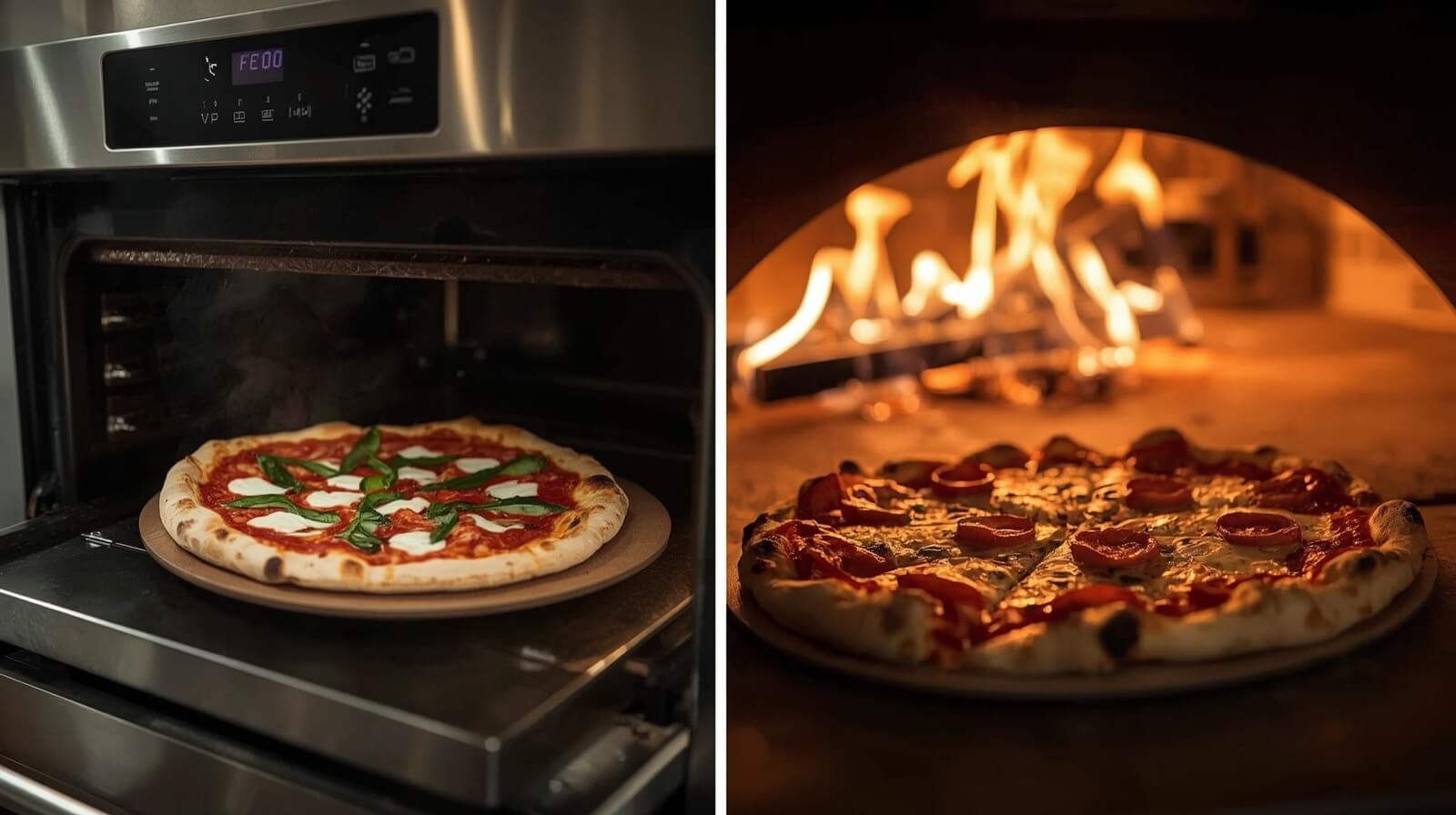 Comparison between a home oven and a pizza oven with a golden homemade pizza baking — realistic close-up photo