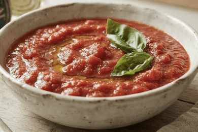 Fresh raw Neapolitan pizza sauce in a rustic bowl with extra virgin olive oil and fresh basil leaves