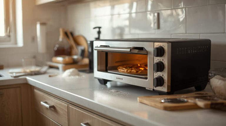 Compact electric indoor pizza oven on a kitchen counter